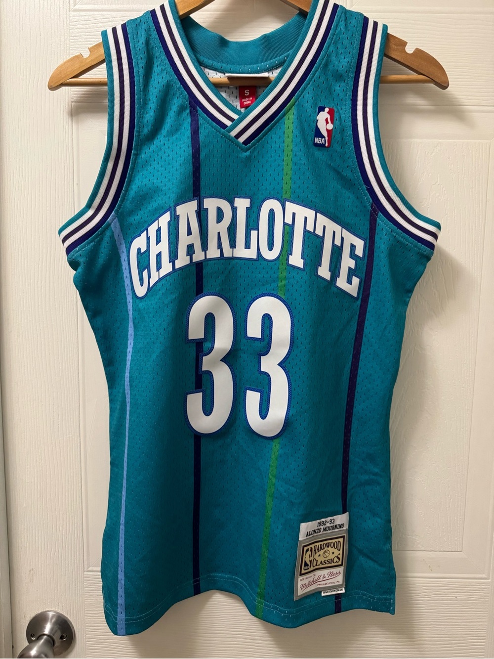 Mitchell & Ness Teal Charlotte Hornets #33 Retro Pinstripe Jersey